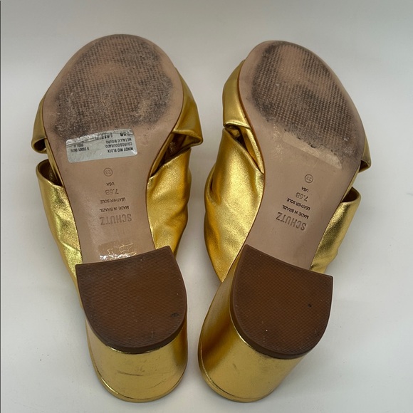 Schutz Dazzling Gold Block Heel Slide Mindy Mules Sandals Shoes **Size 7.5** 🌟🌟 - Picture 8 of 11